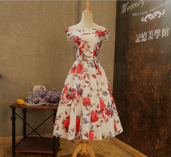 

2019 fashion off the shoulder flower print tea length evening dress lace up satin evening gowns vestido de noiva elegant prom party dress, Black;red