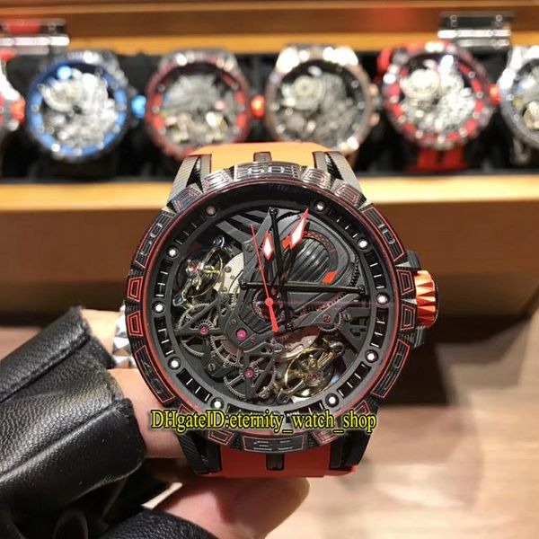 

luxury new excalibur rddbex0686 skeleton dial double tourbillon japan miyota automatic mens watch black red case rubber strap sport watches, Slivery;brown