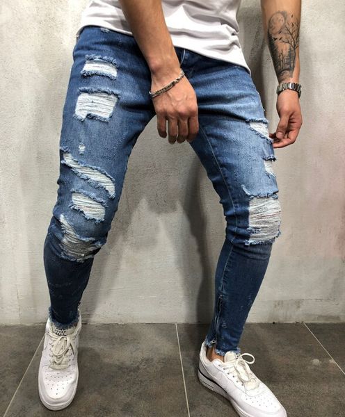 

kanye west side striped blue ripped denim long trousers pants distressed washed biker cool slim jeans mens high street pants