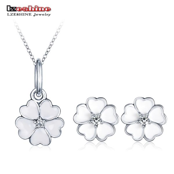 

lzeshine elegant womens 2pc jewelry set white enamel flower pendant stud earrings set for wedding statement jewelry bijoux, Silver