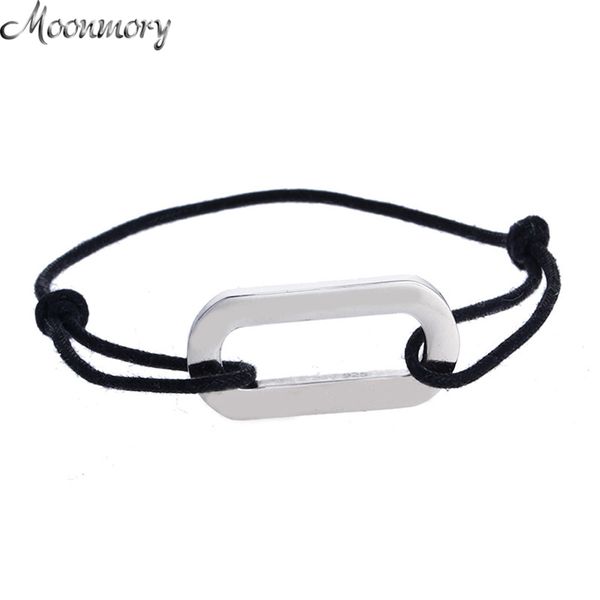 

moonmory france style s925 sterling silver rectangle bracelet with black rope bracelets for women and men length adjustable