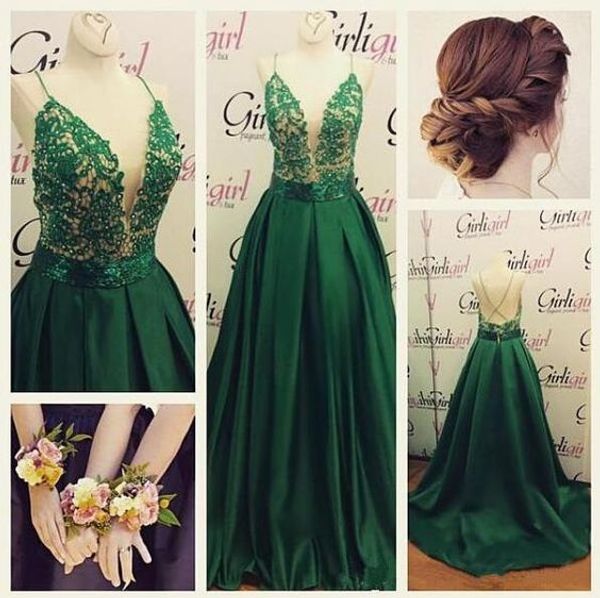 

dark green evening formal long dresses deep v neck with spaghetti straps beaded lace satin a line prom pageant dress gowns, Black;red