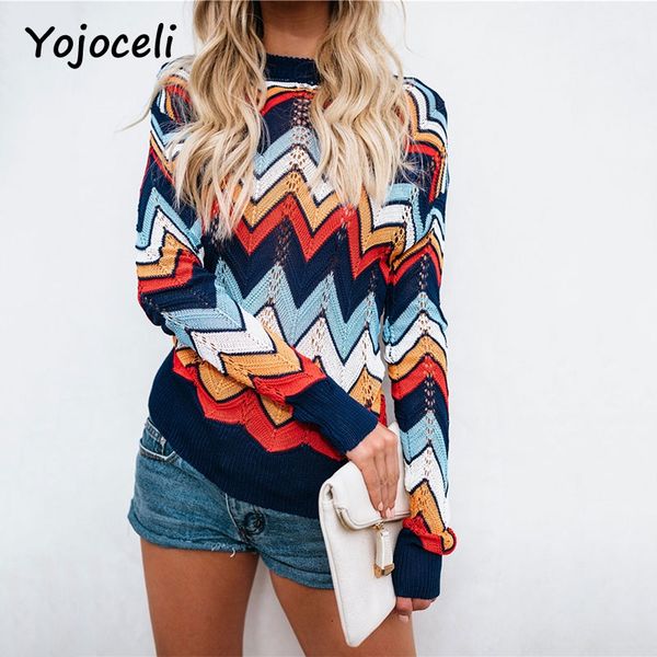 

yojoceli cool colorful striped knit sweater patchwork hollow out pullovers jumper 2018 autumn winter sweaters, White;black
