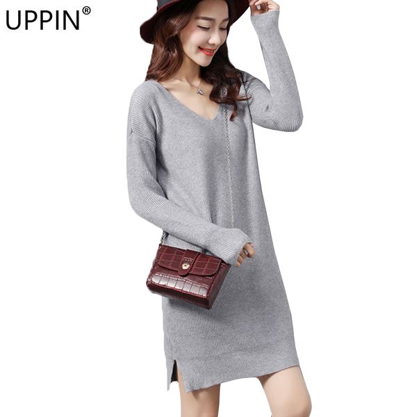 

uppin winter knitted sweater pullover cotton long style v-neck solid casual loose fashion new 2018 women sweaters and pullovers, White;black