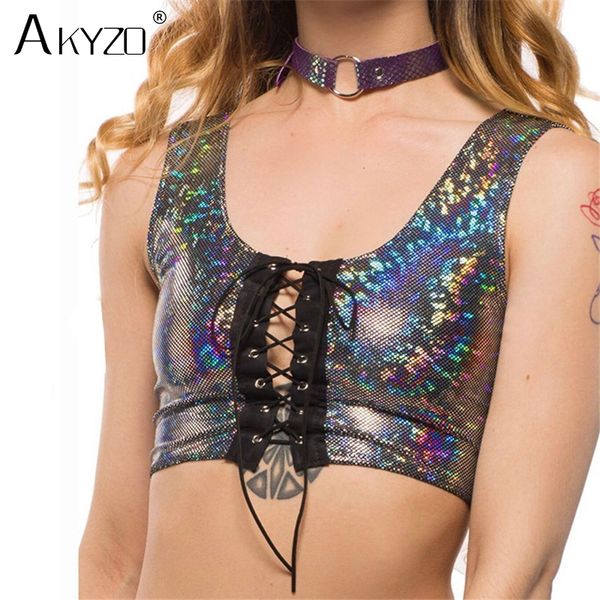 

akyzo 2018 holographic lace up crop women rave festival clothes outfits punk laser hologram foil fabric tank for lady, White