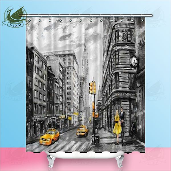 Acheter Vixm Peinture à Lhuile En Gris Et Jaune Ville Américaine Moderne Art Streetscape Rideaux De Douche Polyester Tissu Rideaux Pour La Décoration