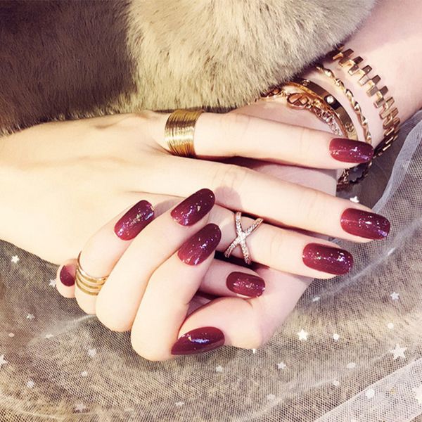 

24pcs/set elegant women glitter false nails pre-design round head wine red full nail art tips artificial fake nails with glue, Red;gold
