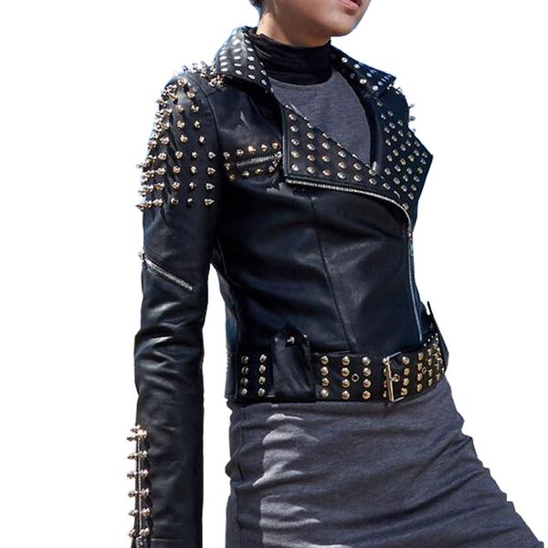 

2017 autumn casaco feminino silver leather jacket women spikes stars slim rivets motorcycle stand collar perfecto biker coat, Black