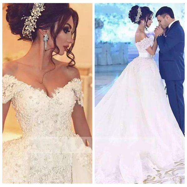 

2018 off shoulde кружева аппликации свадебные платья кристалл красивые свадебные платья дубай ближний восток сад дубай свадебные платья novi, White