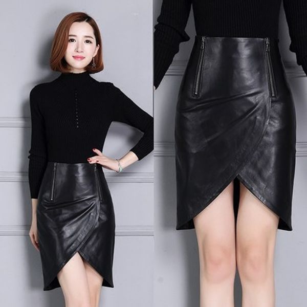 

new slim high-waist leather skirt, Black