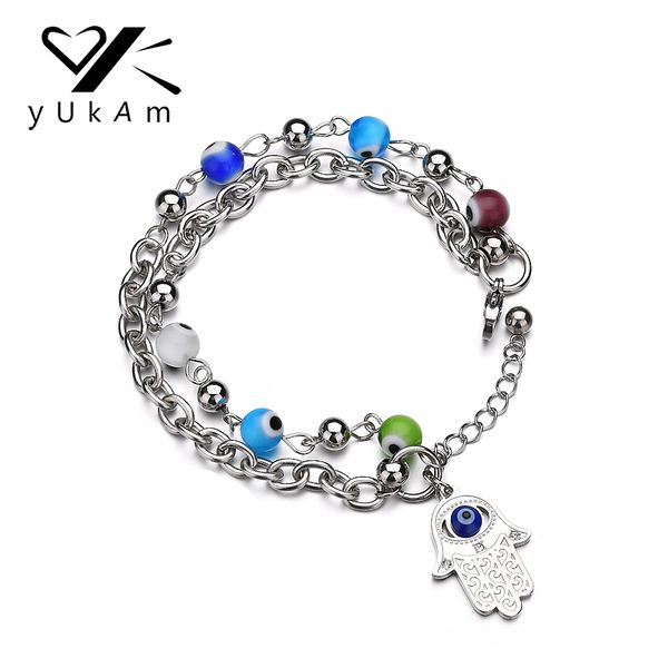 

yukam silver stainless steel double layer hamsa turkish lucky evil eye bracelet adjustable fatima hand beads bracelets for women, Golden;silver