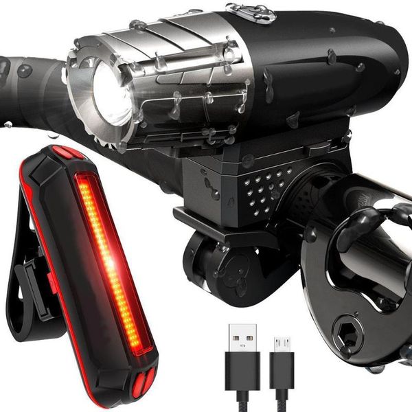 Recarga USB Bicicleta Luz 4 modos Farol de Ciclismo Luz À Prova D 'Água MTB Bicicleta Guiador Frontal + Traseiro Luzes Traseiras de Aviso Da Lâmpada de Equitação Noite