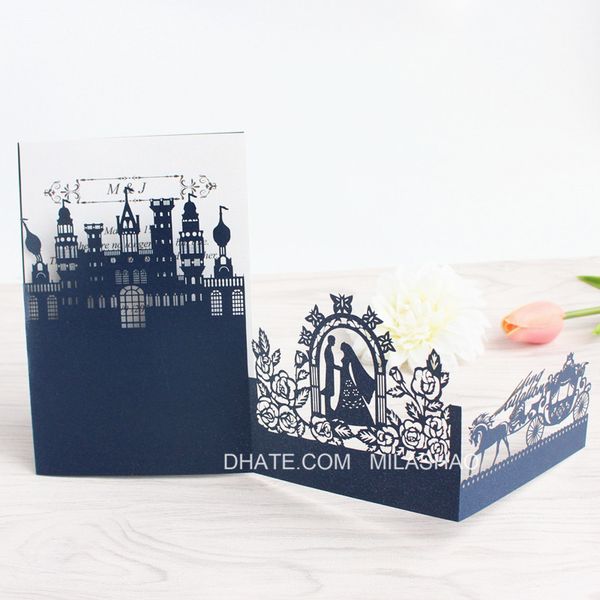

3D wedding invitations royal castle pumpkin coach laser cutting invite card blue pink white party supply customized printing
