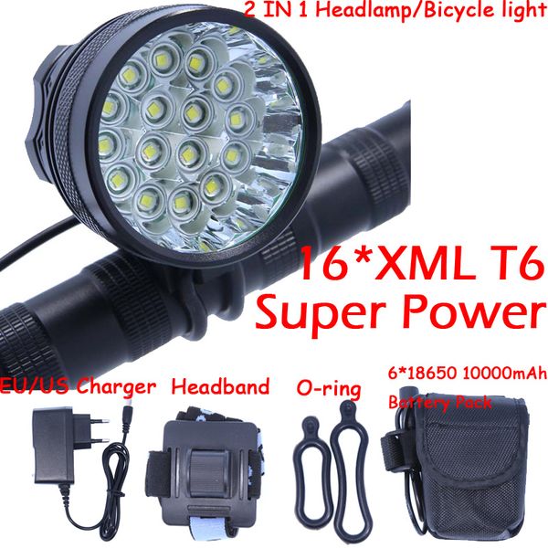 

16t6 new 16 led 2 in 1 20000lm 16 x xm-l t6 led bicycle light cycling bike headlight headlamp head lamp + battery pack +charger