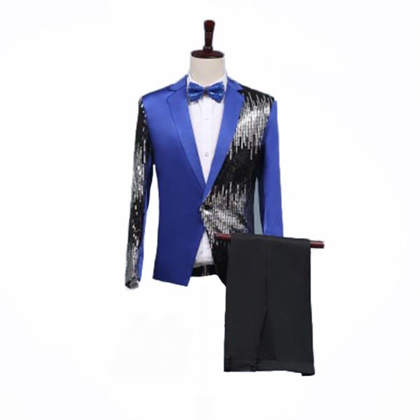 

mens formal slim fit 2 piece suit evening stage notch lapel flare paillette tuxedo one button wedding prom fashion blue blazer, White;black