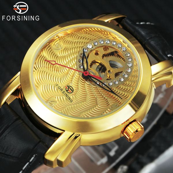 

forsining royal dress auto mechanical watch men leather strap crystal skeleton golden dial mens watches watch, Slivery;brown