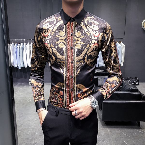 

loldeal baroque shirts mens patterned shirts luxury mens party gold printed camisa masculina slim fit club, White;black