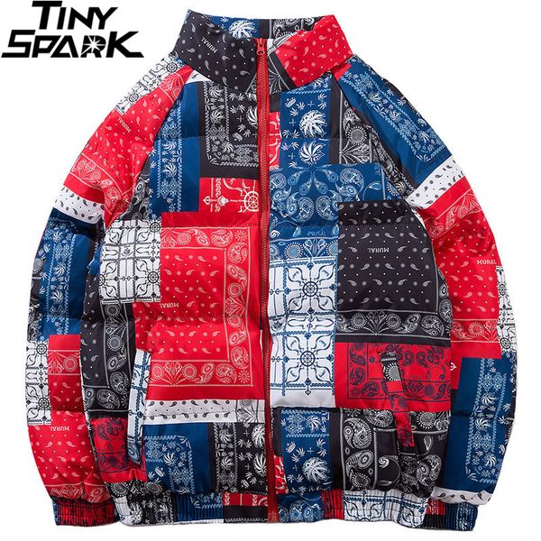 

2018 men hip hop winter parkas retro vintage pattern jackets windbreaker streetwear color block jacket padded outwear harajuku, Black