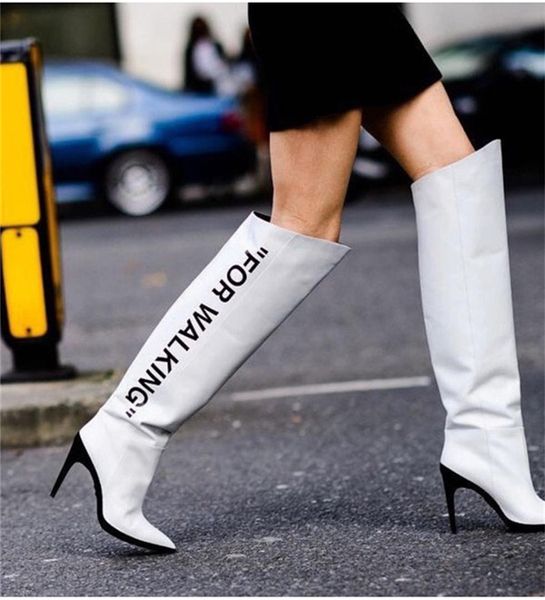 

De igner for walking printed letter overknee boot motorcycle boot leather female women lim thigh high boot knee high, Black