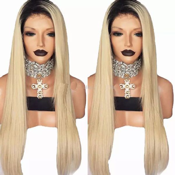 

mhazel естественный вид бесплатная часть 1b#ombre #613 блондинка синтетический glueless фронт парик шнурка для афро-американской женщины, Black