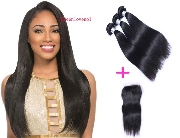 

brazilian straight hair bundles with closure middle 3 part double weft human hair extensions dyeable human hair weave fedex shipping, Black