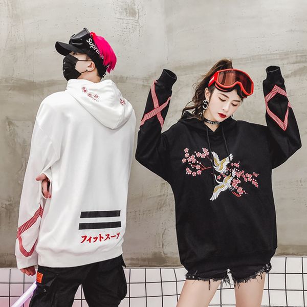 

flower animal embroidery pullover hoodie men chinese style casual hoodies sweatshirts fashion hip hop streetwear, Black