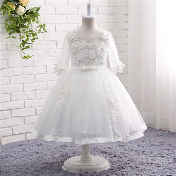 Hochwertige Spitze-Blumenmädchenkleider, Ballkleid, Tee-Länge, Rundhalsausschnitt, 3/4 lange Ärmel, Organza-Applikation, Pailletten, Perlen, Mädchen-Kommunionkleid