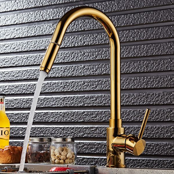 

Luxury Gold Kitchen Faucet Single Handle Pull Out Kitchen Tap Sprayer Swivel 360 Degree Brass Sink Faucet Mixer