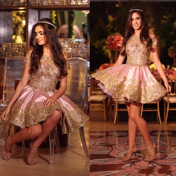 

2018 off shoulder lace homecoming dresses gold applique cap sleeves a line pleats cocktail party gown graduation dress, Blue;pink