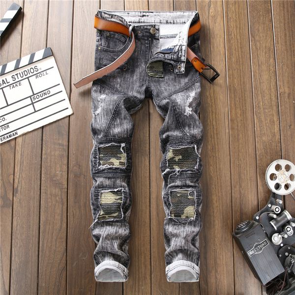 

2018 new street style retro grey color elastic jeans men hole straight jeans vintage homme casual for men size 29-38, Blue