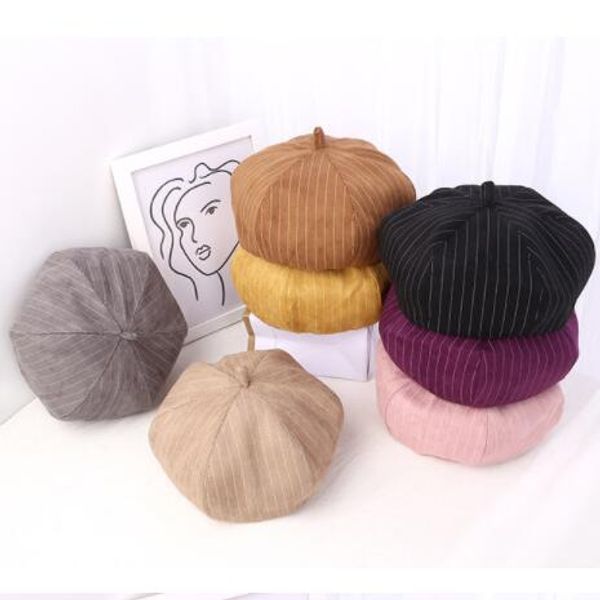 

fashion hat for lady autumn and winter solid beret british solid color striped moccasin corduroy beret, Blue;gray