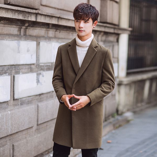 

2018 new fashion solid color woolen men long coat slim elegant youth men's business casual jacket, Black