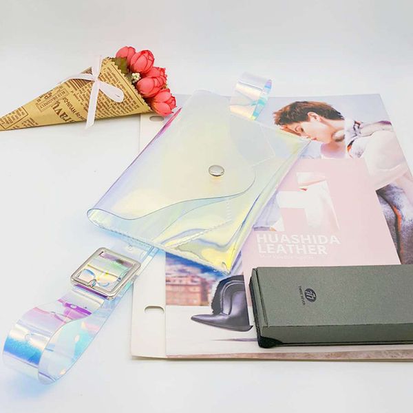 

fashion women waist magic color transparent pvc laser adjustable belt bag phone pockets