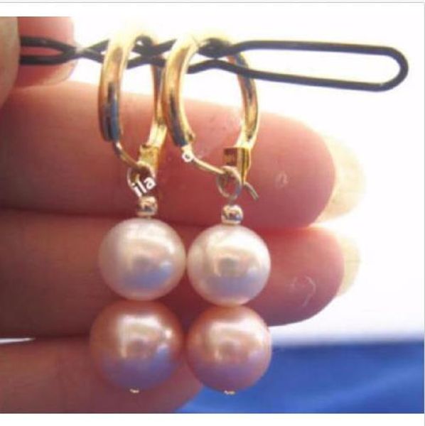 

beautiful 10-11mm natural south sea white pink pearl earring 14k yellow gold hoo, Golden