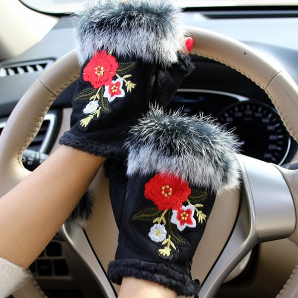 

2018 winter gloves women ethnic style embroidery chinese flower fur gloves suede half finger female girls mittens, Blue;gray