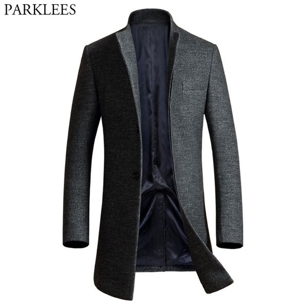 

men's long wool trench coats 2017 winter men jacket single breasted mens overcoat casual slim fit woolen pea coat manteau homme, Black