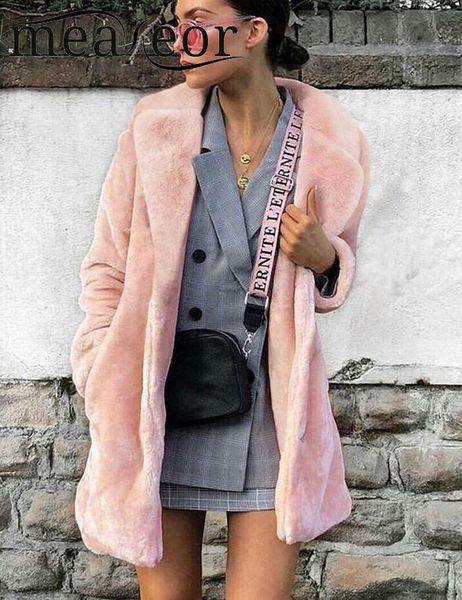 

meaneor winter women coat faux fur turn-down collar long sleeve cardigan thick fur coat loose warm outwear plus size overcoat, Black