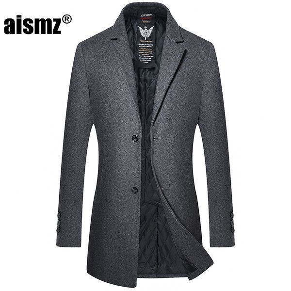 

aismz new winter wool cashmere single breasted overcoat men jacket coat business casual thick cotton liner long woolen outwear, Black
