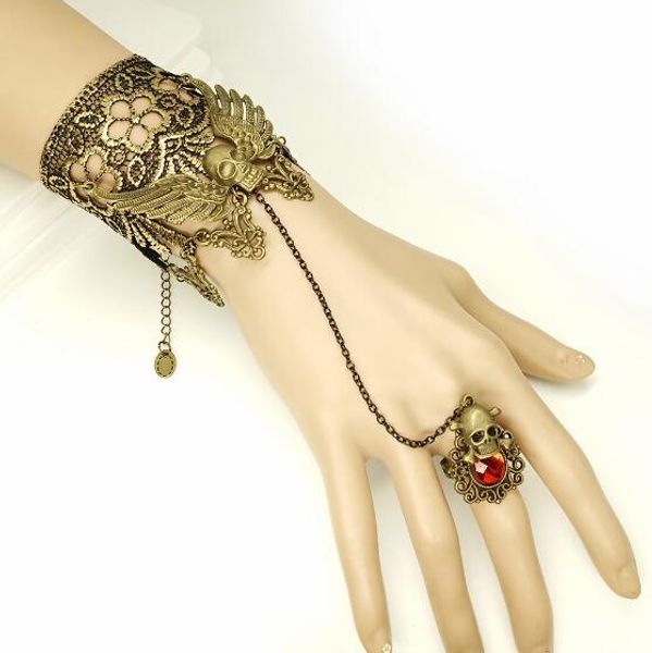 Hot new mão Vintage decorado crânio asa pulseira da senhora do laço de ouro com personalidade banda anel de moda Halloween clássico requint eleganc