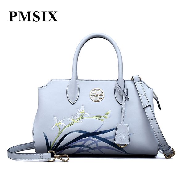 

pmsix simple fashion casual leather handbag embroidery flowers handbags designer brand famous in womens'bag