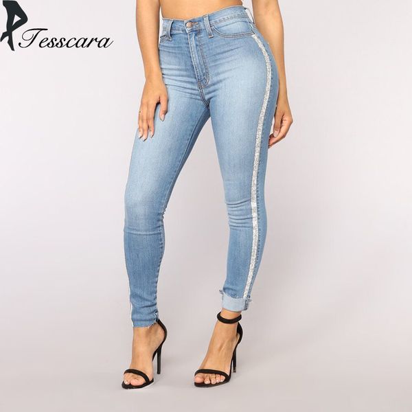 

women high waits skinny jeans spliced striped pencil pants capris 2018 autumn new fashion plus size brand warm outwear bottom, Blue