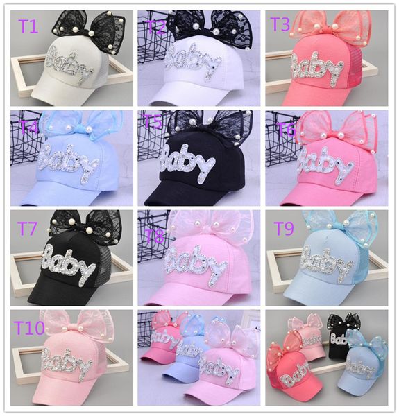 

baby hat mz001 summer sun cute hat ears rabbit bow baby big net pearl baseball cap children wttti, White;black