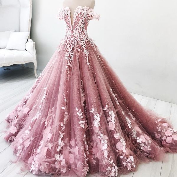 

luxury pearls applique tulle evening dress off shoulder petal feather celebrity party dress fluffy ball gown gorgeous dubai prom dresses, Black;red