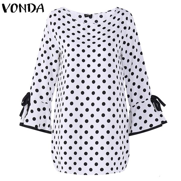 

vonda women 2018 summer polka dot blouse bow flare sleeves blusas casual loose o neck female shirts plus size s-5xl, White