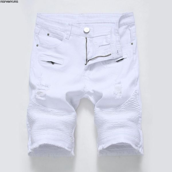

2018 new men's casual jeans zipper stretch slim white black hole mens pants shorts playing, Blue