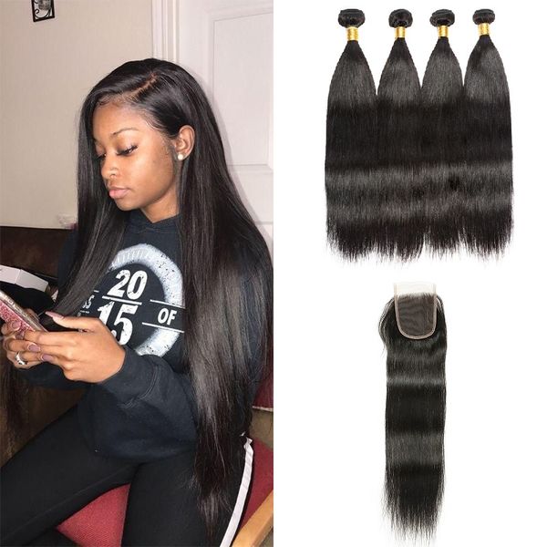 Human Hair Weave Brazilian Straight 4 Bundles With Closure Cheap