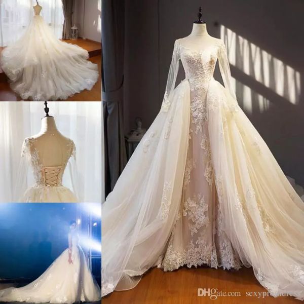 

charming beige wedding dresses lace appliques sheer neck long sleeve bridal gowns tulle overskirts corset back sweep train wedding dress, White