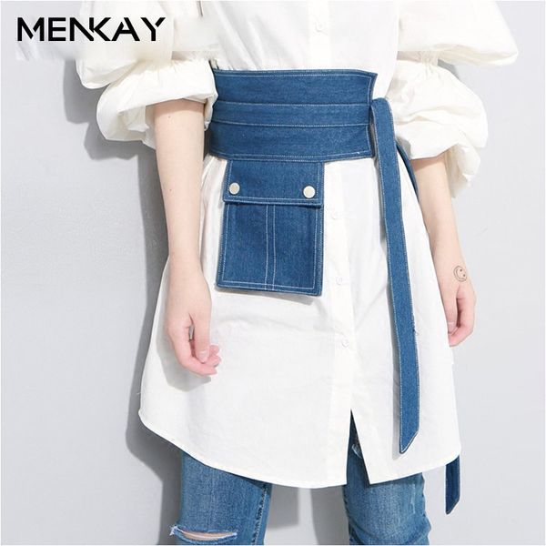

menkay] denim belt for women high waist lace up pocket patchwork wide cummerbund 2018 summer tide casual belts accessories s18101807, Black;brown
