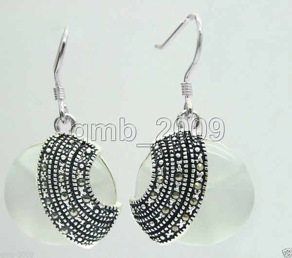 

handmade 18*18mm white opal beads 925 sterling silver & marcasite earrings, Golden;silver