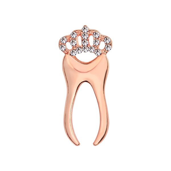 Spilla con dente di rosa in argento dorato Spilla con corona di cristallo Dentista Dottore Infermiera Regalo di laurea Studente Distintivo Spilla da bavero Spilla da seno